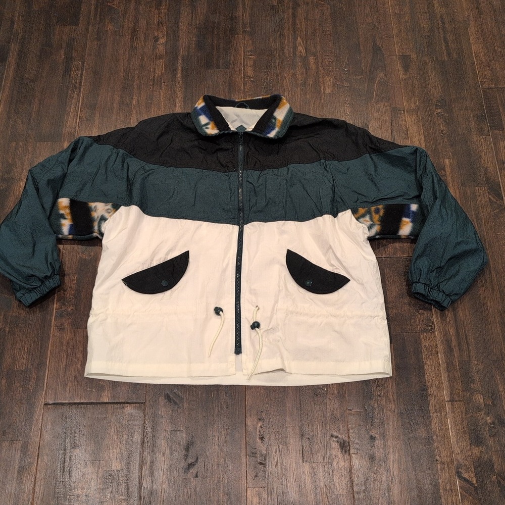 KAOTIC Colorblock Windbreaker Jacket Mens L‎ Black Teal White Geometric Aztec